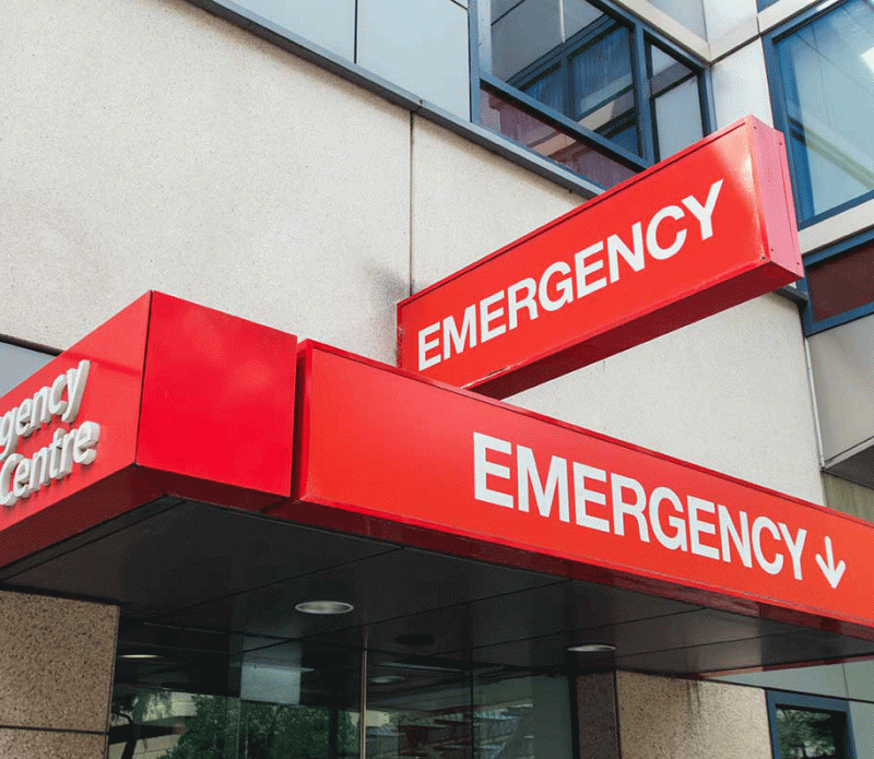 Emergency department entrance signage at a hospital