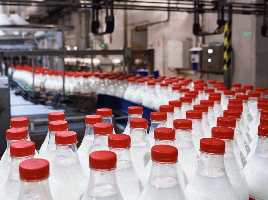 Bottles moving along an automated manufacturing production line