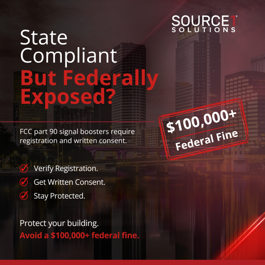 Source 1 Solutions graphic warning that FCC Part 90 signal boosters require registration and written consent to avoid a federal fine