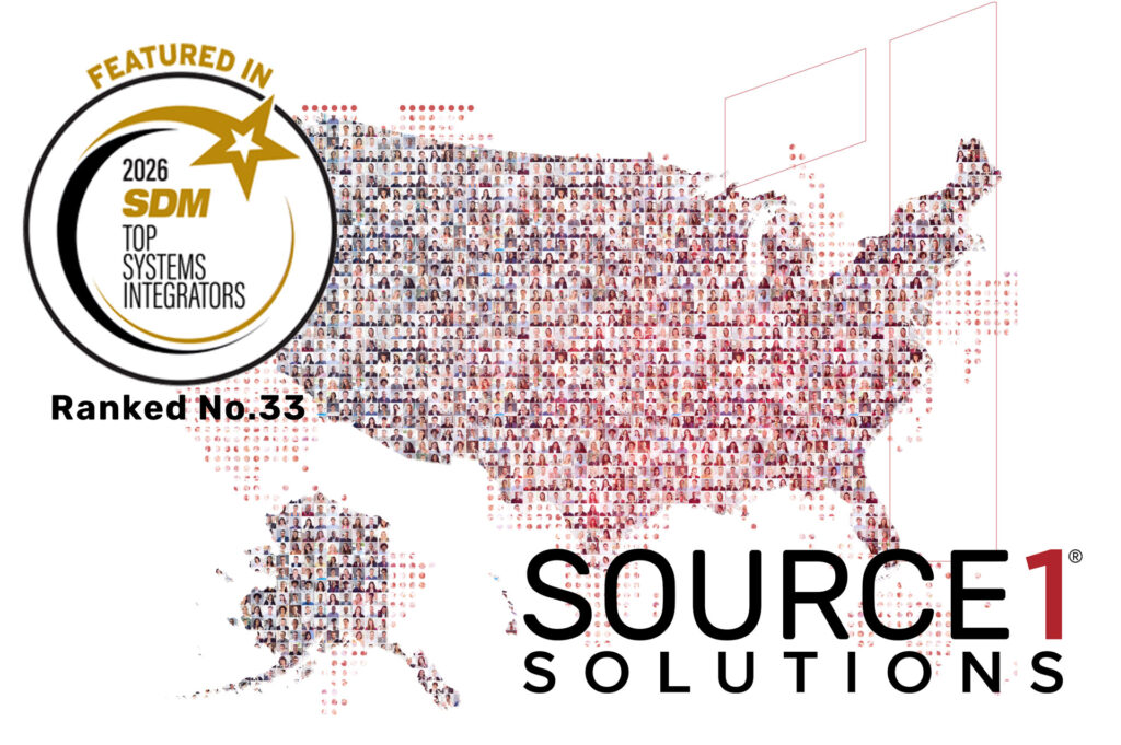 Source 1 Solutions featured in the 2026 SDM Top Systems Integrators list ranked number 33, over a dotted map of the United States