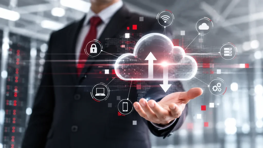Businessman presenting a glowing cloud graphic with upload and download arrows linked to device and security icons
