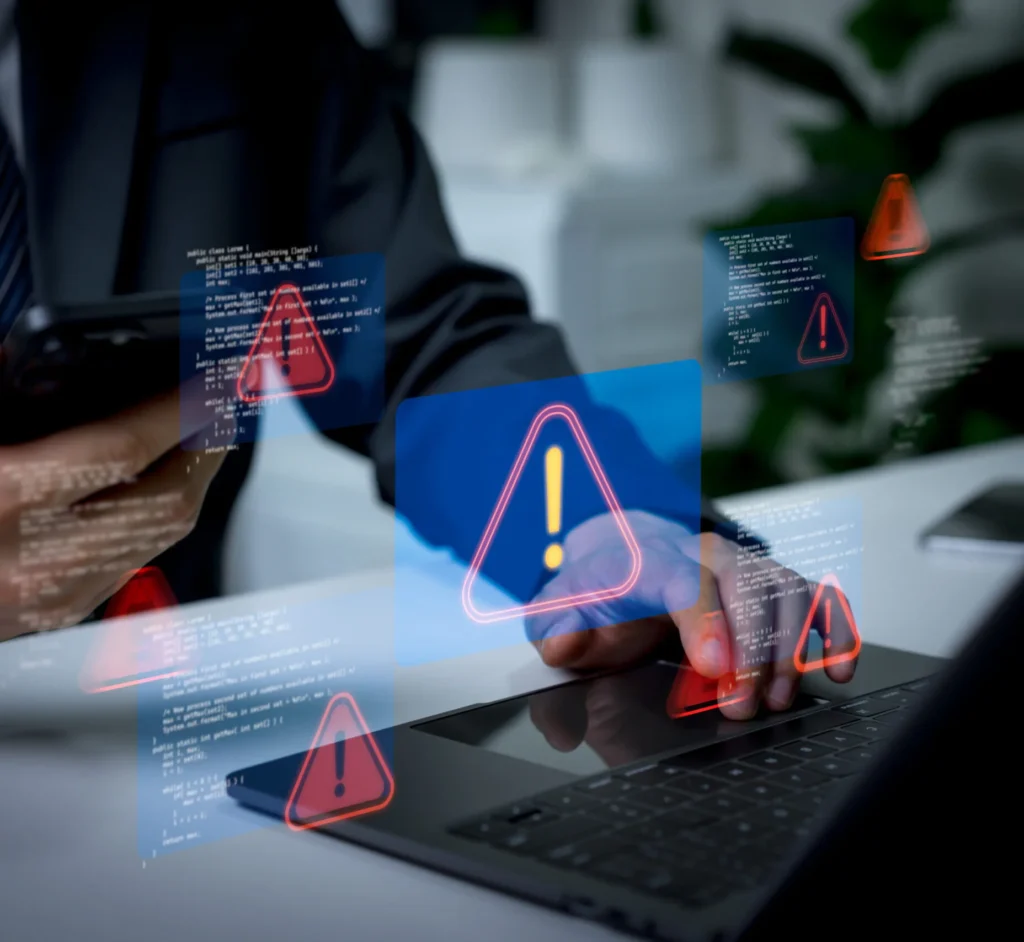 IT professional working on a laptop surrounded by red cyber threat warning alerts and code overlays