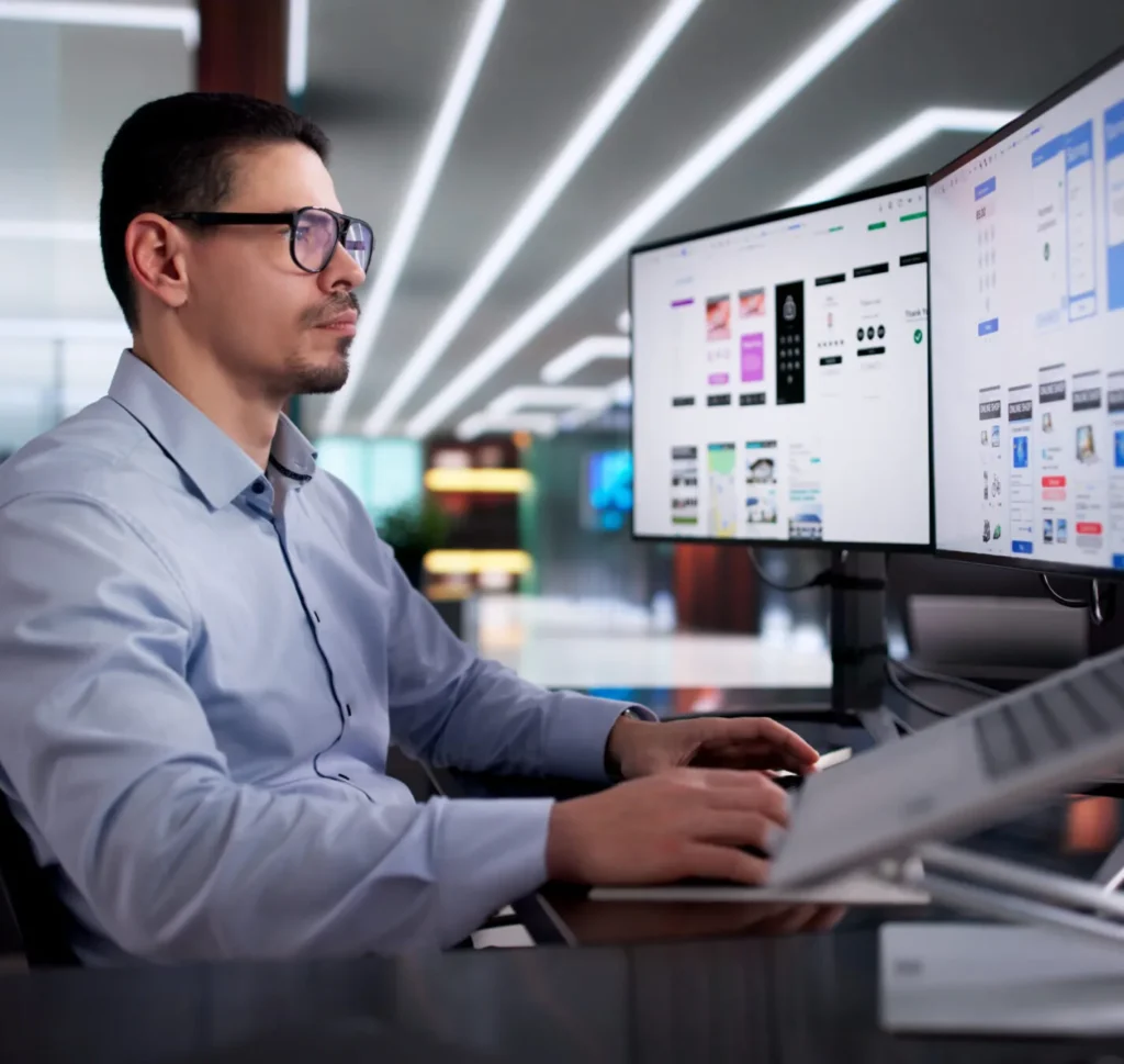 IT specialist managing applications across dual monitors at a modern office workstation