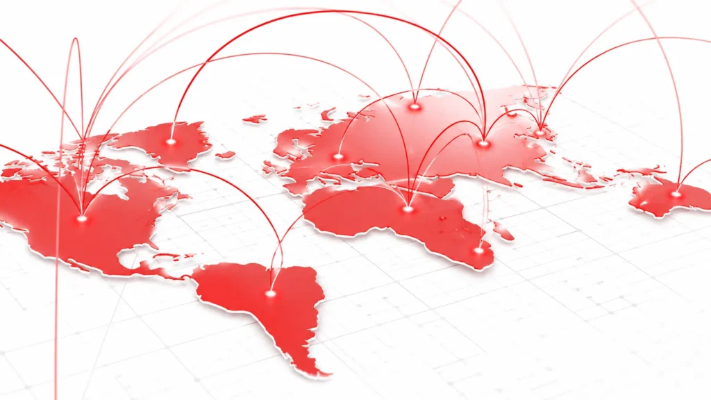 Red world map with arcing connection lines linking global supplier locations