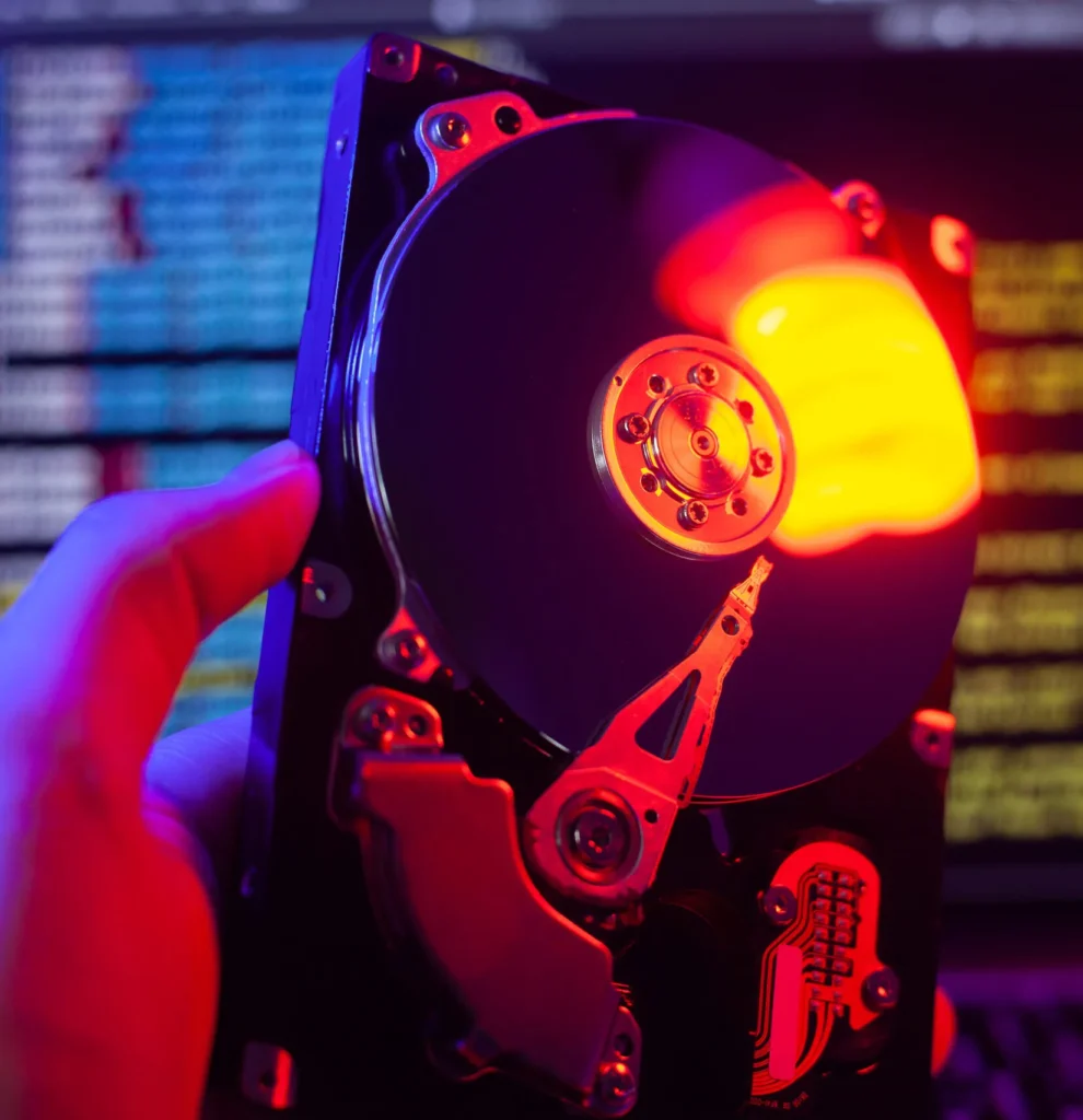 Technician holding an opened hard drive with its platter exposed under red lab lighting