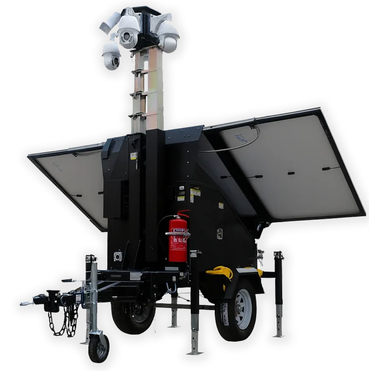 Solar-powered mobile surveillance trailer with a raised mast and multiple PTZ cameras