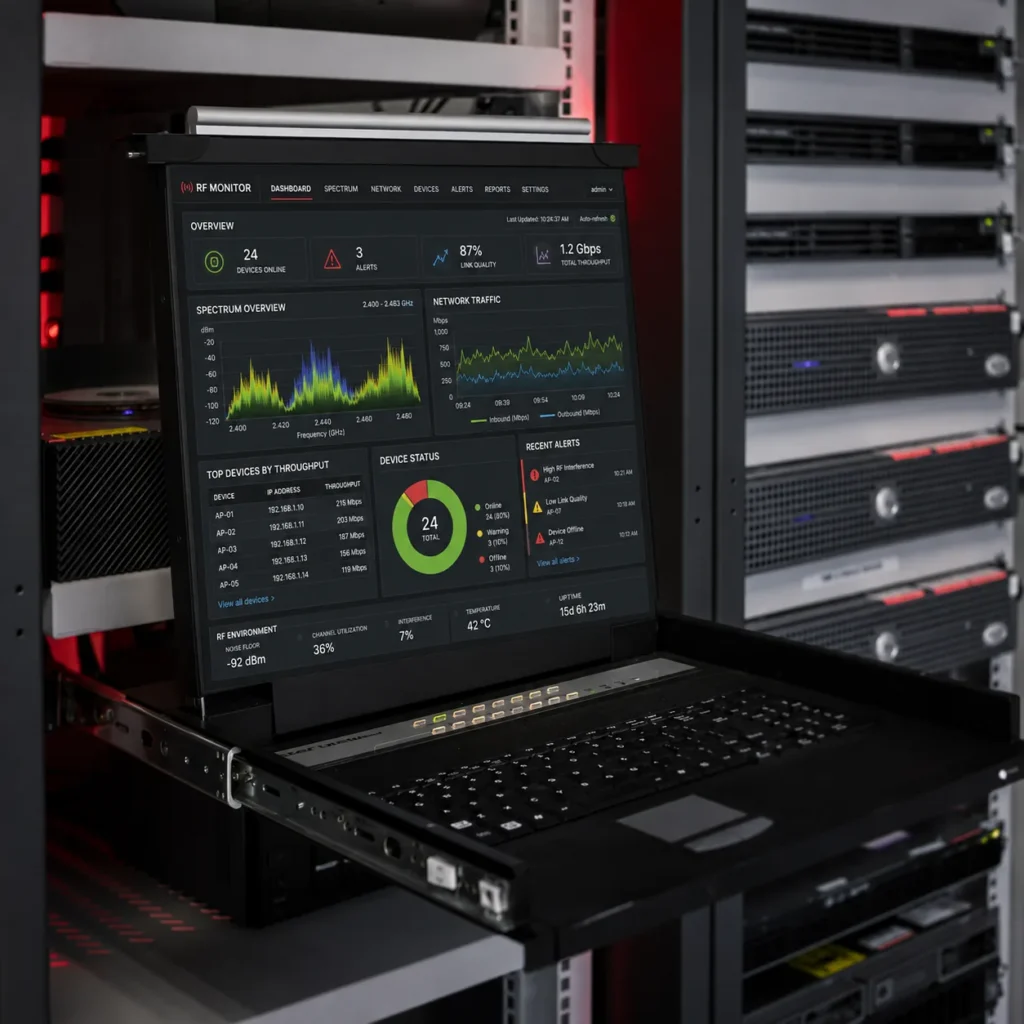 Rack-mounted console displaying an RF spectrum and network monitoring dashboard in a server rack