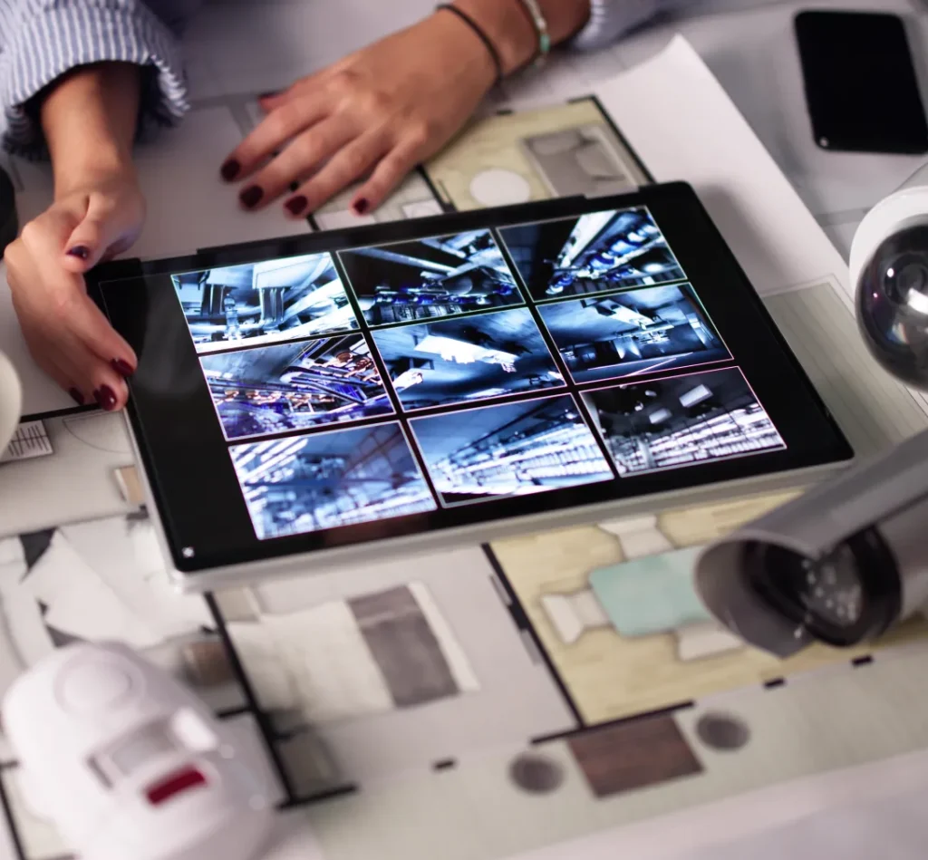 Security planner reviewing live camera feeds on a tablet laid over building floor plans