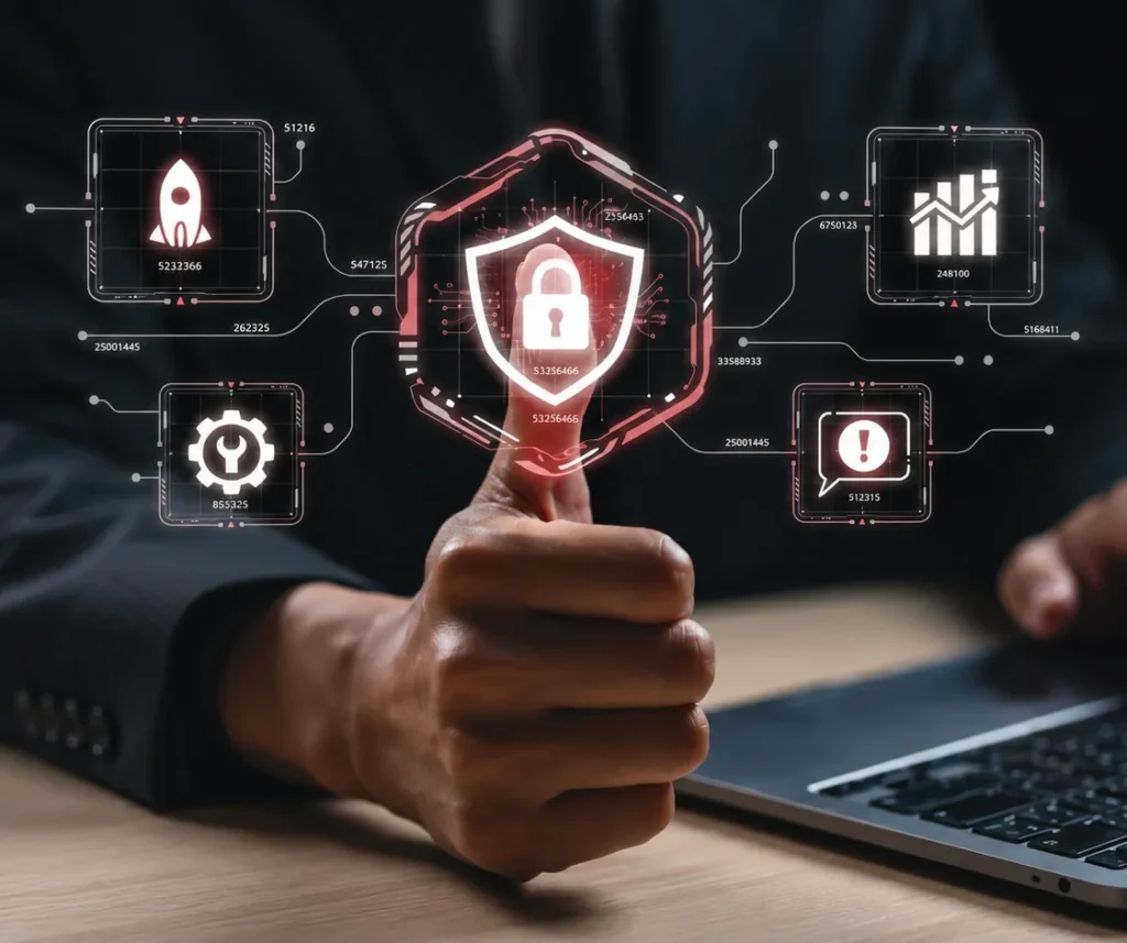 Thumbs-up in front of a glowing shield and padlock graphic linked to risk and analytics icons