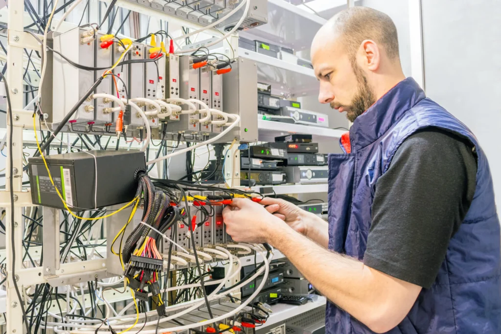 Technician connecting cables on a communications equipment rack during maintenance